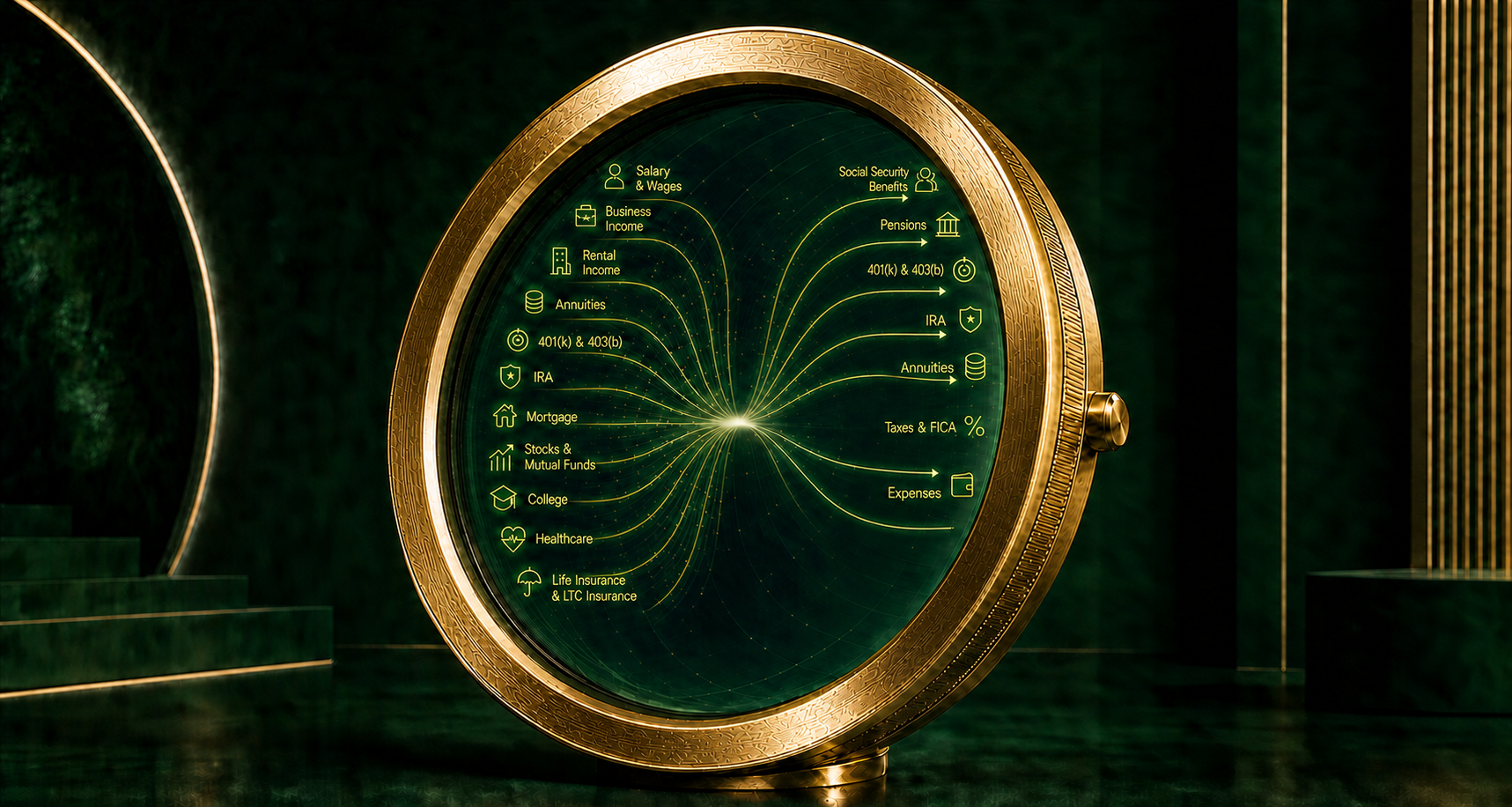 A Financial Oracle lens connecting income, retirement benefits, taxes, and expenses